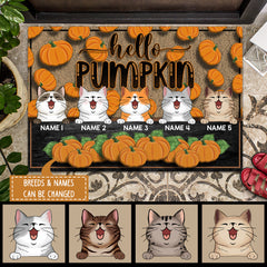 Hello Pumpkin - Pumpkin Background - Personalized Cat Autumn Doormat