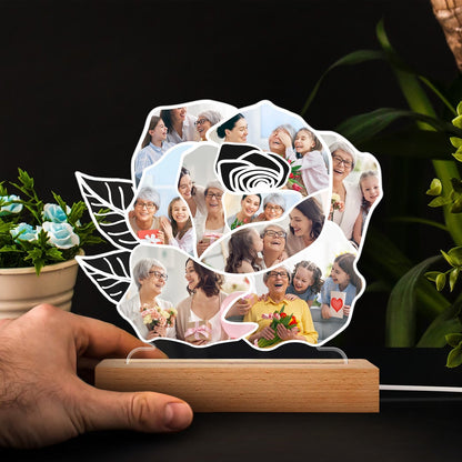 Custom Photo Rose Shape - Loving, Birthday Gift For Mom, Mum, Mother, Grandma, Nana - Personalized 3D Led Light Wooden Base